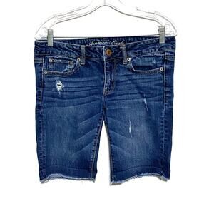 American Eagle Bermuda Denim Jean Shorts Womens 6 Distressed Raw Hem Stretch Y2K